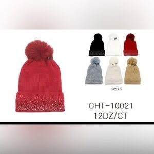 Pom Pom Beanie with Rhinestone Cuff